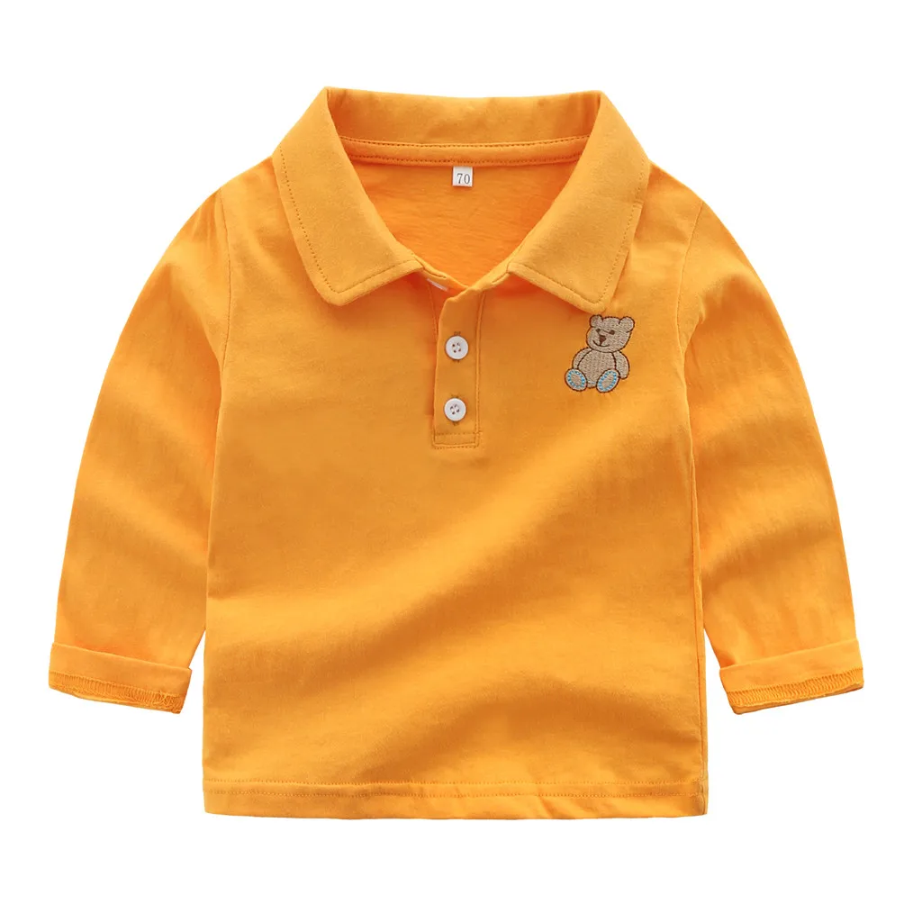 Хлопковая Однотонная рубашка для маленьких мальчиков и девочек; сезон осень-весна; детские топы с длинными рукавами; пуловер с вышитым медведем; футболка; - Цвет: Yellow