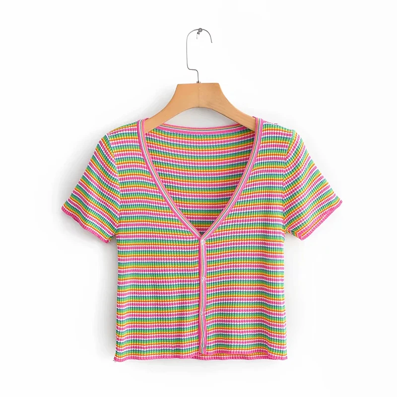 

Women Fashion Rainbow Color Summer Ice Silk T-shirt 2019 Sweet Girl Knitted Slim Cardigan Tops For Chic Lady Street-wear Tee