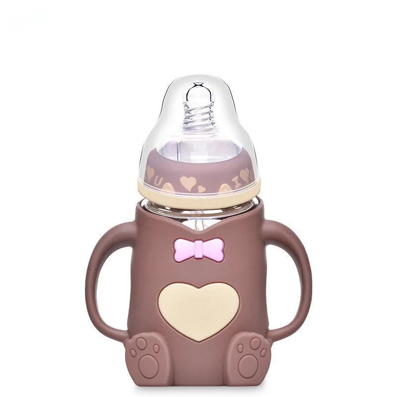 Матери и ребенка поставки Новорожденные широкий калибр бутылки с защитой от падений и анти-метеоризм ручка для детских бутылочек, стеклянные бутылки - Цвет: brown