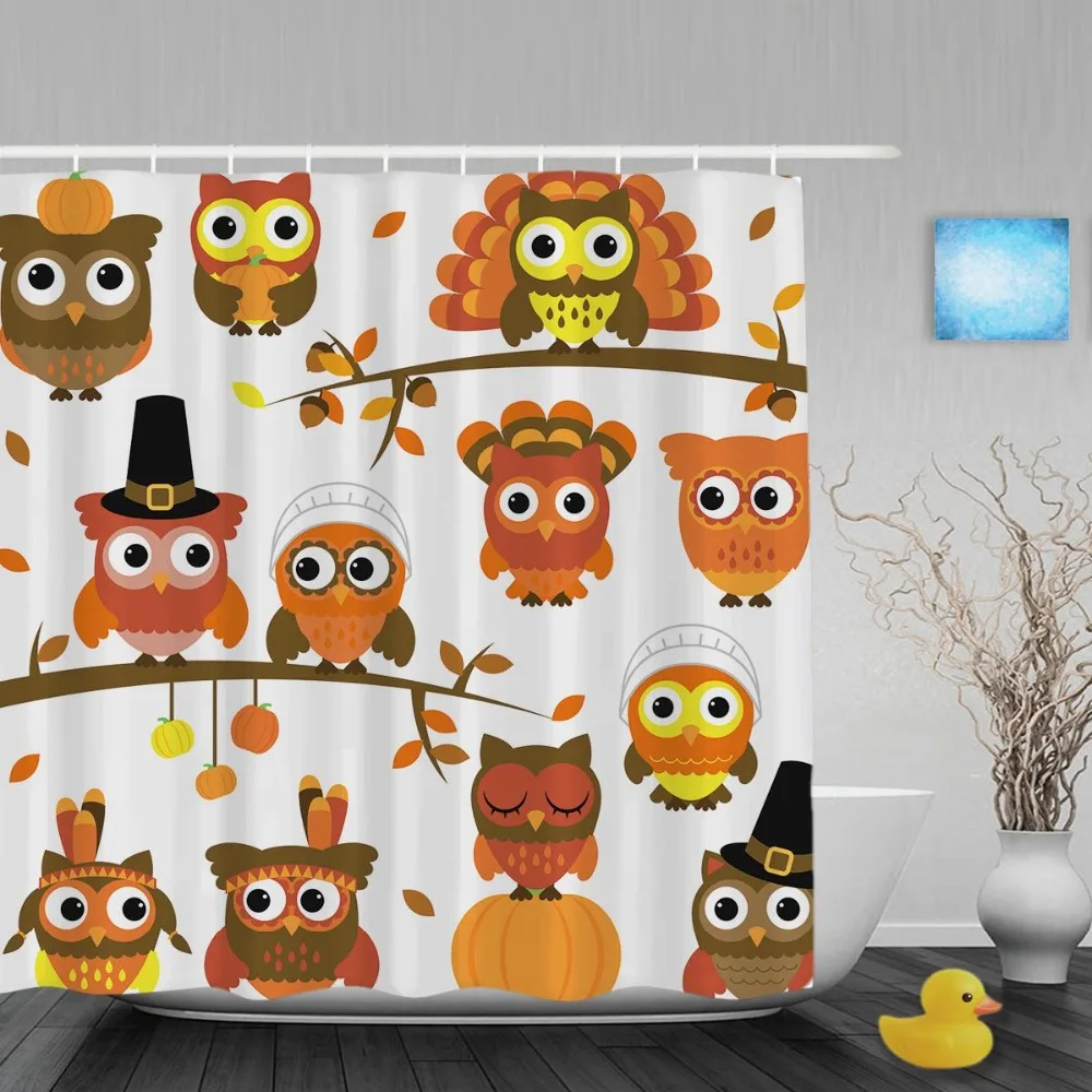 Funny Halloween Decor Bathroom Shower Curtain Cute Cartoon Owel Pumpkin