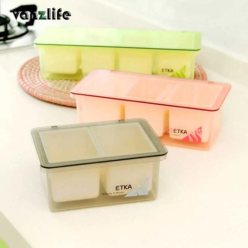 

vanzlife minimalist style multi-compartment 3 grids plastic clamshell seasonings box removable kitchen saurce box with spoons