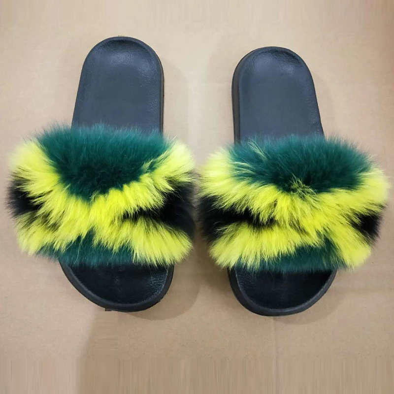 

2019 Women's fur slippers real raccoon Furry Fox slipper fur slides Cute Ladies Cute Plush Sandals Flat Fluffy Shoes for Women