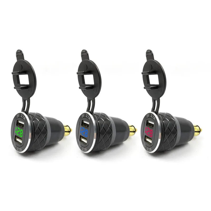 

Car Charger Charge Socket Dual USB Port LED Volt Display Phone Tablet Navigator Fast Charging AdapterBlack Shell Green Lamp