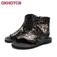 Мужские сандалии из натуральной кожи с леопардовым принтом; ботильоны с открытым носком; летняя повседневная обувь; пляжные шлепанцы на молнии с металлическим носком