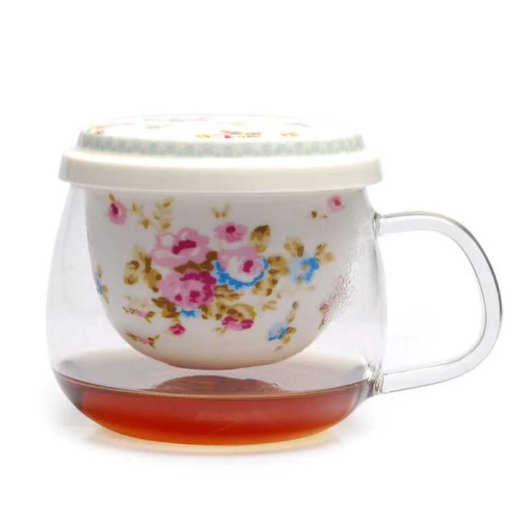 High Quality Drinkware Glass Tea Cup with Ceramics Cover and Tea Filter