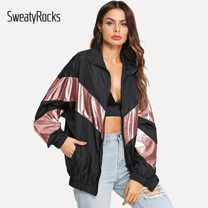 SweatyRocks أسود لامع لوحة إدراج قطرة الكتف سترة الوقوف طوق Colorblock 2018 الخريف زمم النساء عارضة معطف