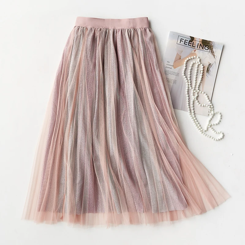 

Long Tulle Pleated Skirt 2019 New Spring Summer Gradient Korean Elegant Skirts Womens Elastic High Waist Mesh maxi Skirt Female