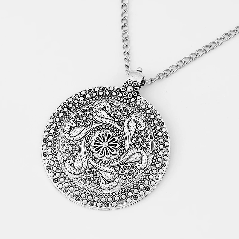 1 шт Антикварный Серебряный Большой богемный Бохо медальон круглый кулон с длинной цепочкой Lagenlook ожерелье