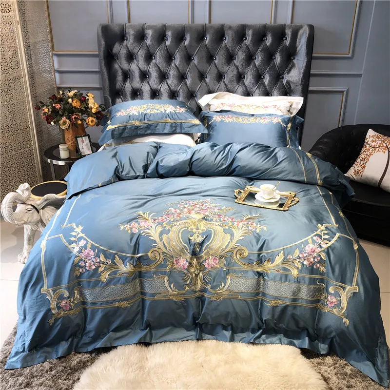 Best Champagne Blue White Luxury Royal Embroidery 100S Egyptian Cotton Palace Bedding Set Duvet Cover Bed sheet/Linen Pillowcases 43