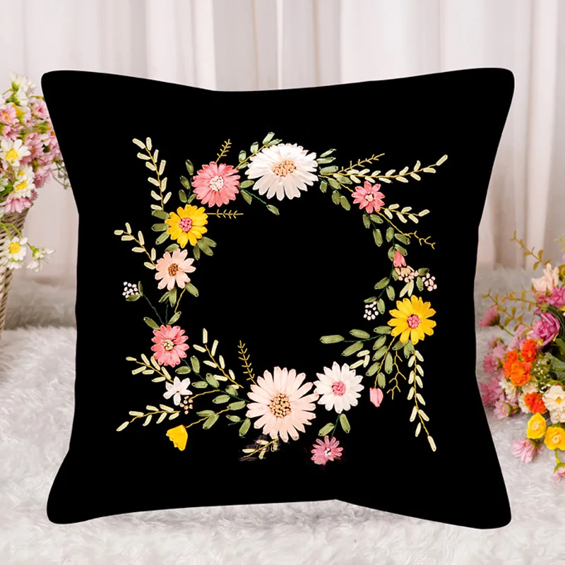 

DIY Flower Printing Ribbon Embroidery Black Cushion Set for Beginner Kit Pillow Cover Fabric Handcraft Handmade Needlework Gift