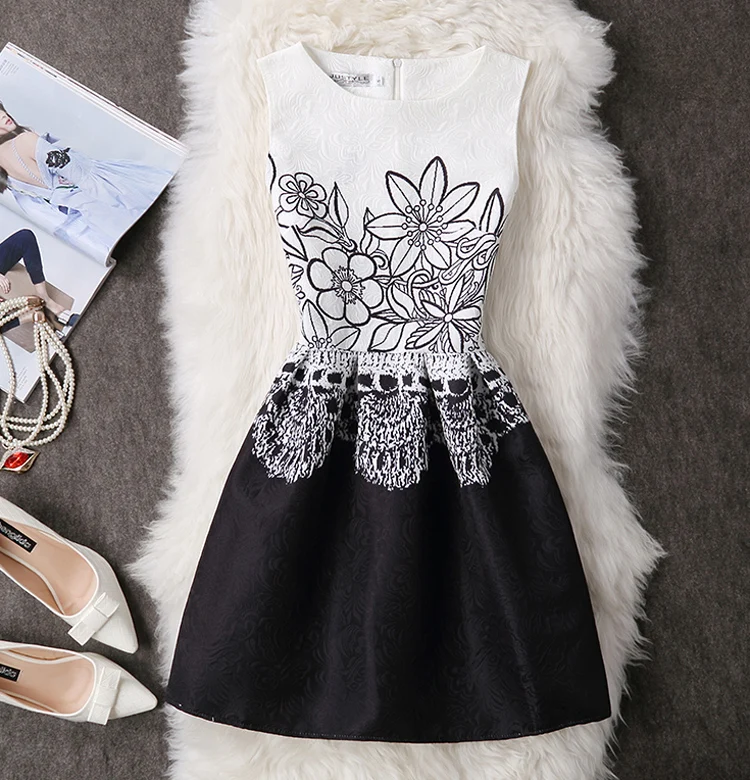 

2019 New Arrival Vintage Floral Flower Print Summer Dress O-Neck Sleeveless Casual Party A-Line Cotton Women Dresses Vestidos