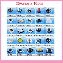 250pcs Tact Switch Kit 2*4 3*4 3*6 4*4 4.5*4.5 6*6 12*12mm Tactile Push Button Switches 2x4 3x6 4x4 4.5x4.5 6x6 mm Micro Switch