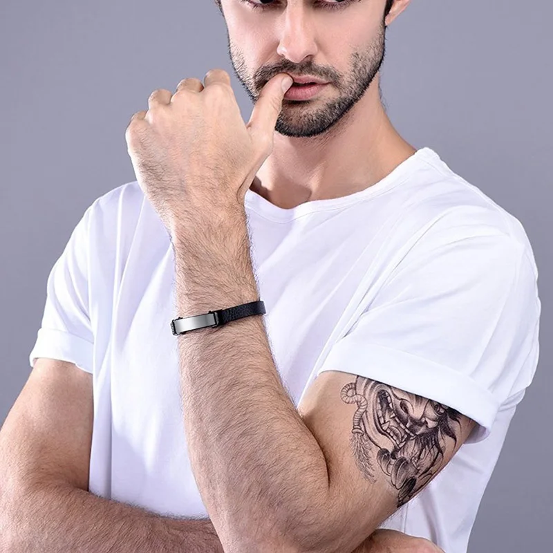 

Men Personalized Black Leather Strap Coordinates Bracelet with Brushed Stainless Steel Tag ID Wristband Bangle Brackelts 21.5cm