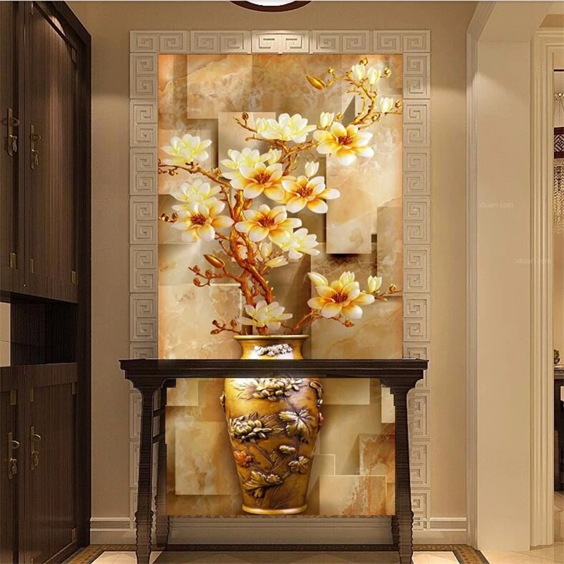 

beibehang papers home decor painting entrance stereoscopic elegant magnolia vase large mural wallpaper for living room flooring