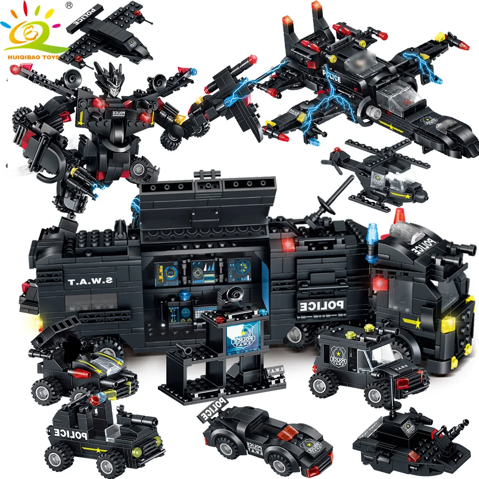 

HUIQIBAO Toys 820PCS 8in1 SWAT Police Truck Building Blocks For Children Warship Mecha Truck Soldiers Bricks