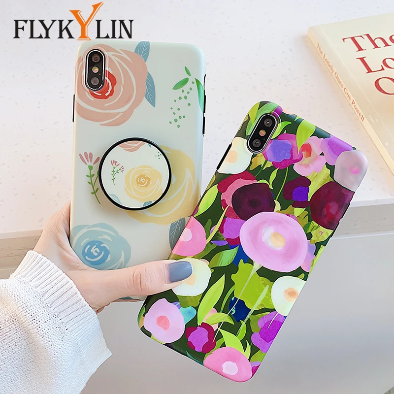

FLYKYLIN Colorful Flower Case For iphone XS Max X XR 6 S 7 8 Plus Back Cover Art Soft IMD Silicone Phone Coque with Holder Stand