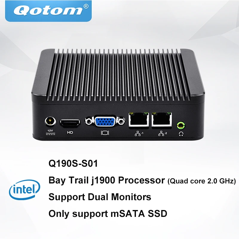 QOTOM Mini PC Q190S с BayTrail j1900 процессор, Fanless Dual LAN Mini PC 4 ядра 2,42 ГГц