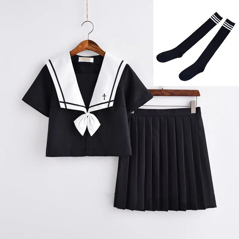 Short Set With Socks Костюм японской школьницы с вышивкой в виде Креста; костюм моряка; костюм для косплея; черный костюм с короткими/длинными рукавами; форма японского аниме - Цвет: Short Set With Socks
