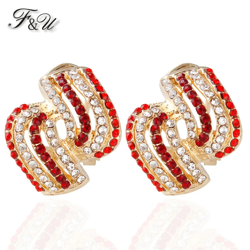 

F&U 4 Different Colors Unique Design Gold Color with Small Crystal Popular Style Earrings for Girl's Gift