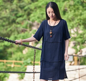 

Women Dress Solid Color Blue O Neck Loose Dress Cotton Linen Summer Dress Short Sleeve Plus Size Vintage Dress vestido de fiesta