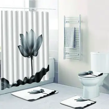 

Polyester Fiber 4PCS Non Slip Toilet Polyester Cover Mat Set Bathroom Shower Curtain 180cmx180cm PVC mesh bottom