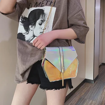 

MANFUNI Summer New Tassel Small Square Bag for Women PVC Laser Shoulder Bag Fashion Stitching Color Girls Chain Messenger Bag