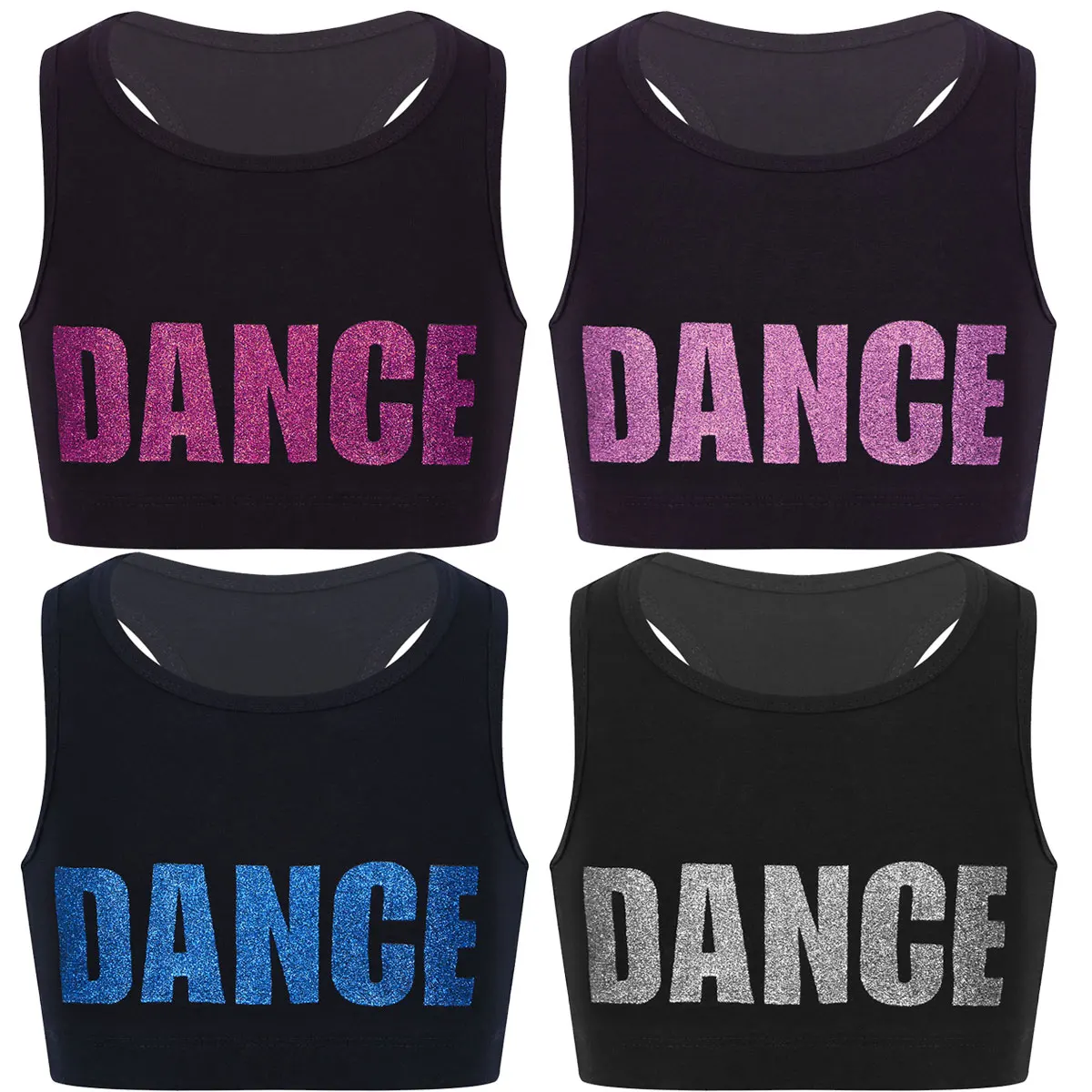 FEESHOW Kids Girls Sleeveless Shiny Letters DANCE Printed Crop Top Sports Gymnastics Ballet Tops Stage Performance Dance Costume girls tank tops