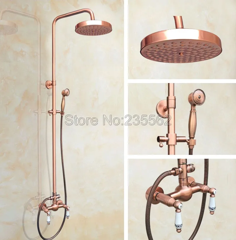 

Antique Red Copper Wall Mounted Rain Shower Faucet Set with Hand Spray Tap + 8 inch Bathroom Shower Heads Lrg552