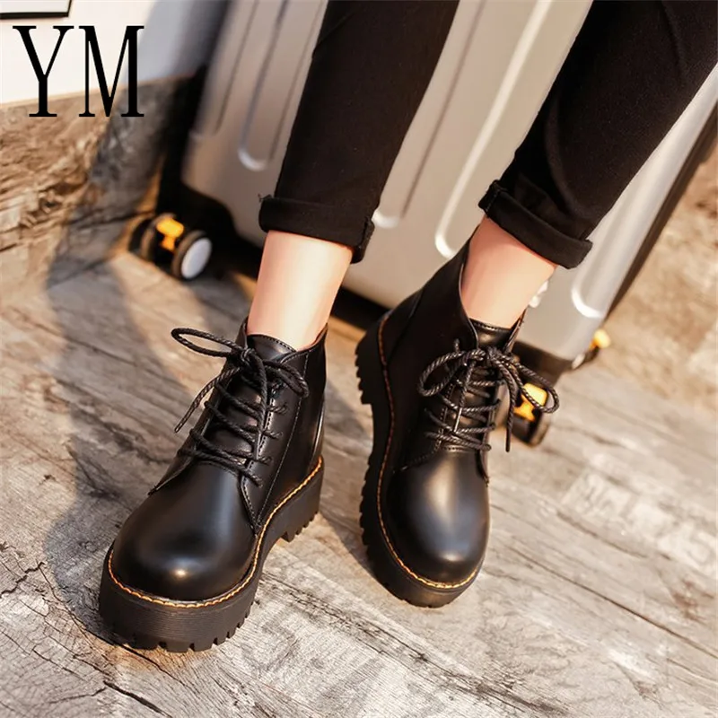 Billig Stiefeletten Runde kappe Frauen Stiefel Lace Up Flache Biker Military Armee Combat Schwarz Schuhe Frau botas mujer Martin motorrad boot