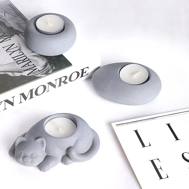 

Cobblestone Candle Holder Concrete Mold Cat Shape Candlestick Cement Clay Crafts Mould Gypsum Plaster Silicone Molds