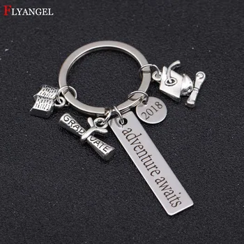 

2018 Graduation Gift Keyring Graduate Diploma Graduation Caps Book Worm Adventure Awaits Charms Keychain Men Women Boy Girl Gift