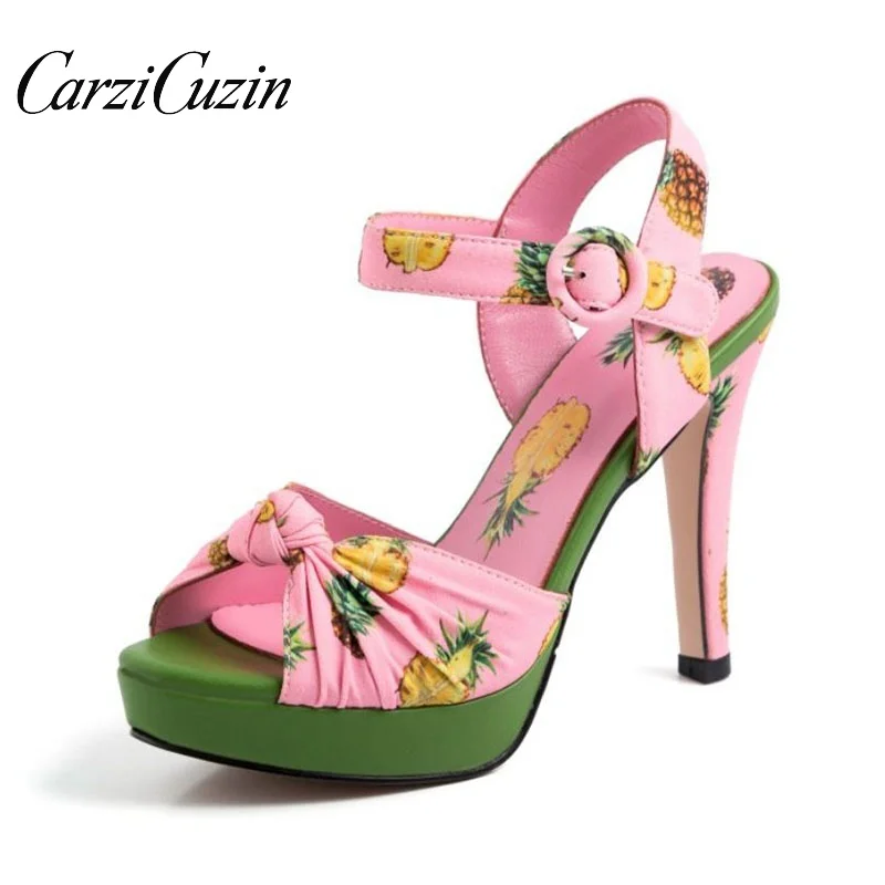 

RIZABINA Fashion Print Women Sandals Buckle Platform High Heels Shoes High Quality Party Club Summer Shoes Women Size 34-40