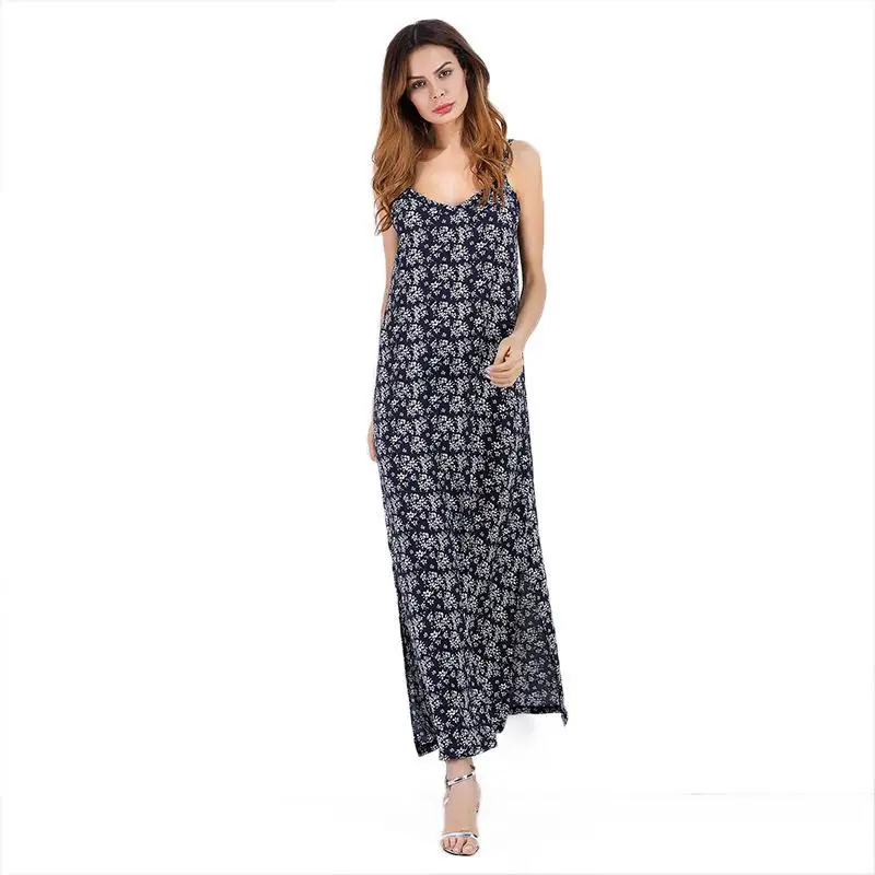 

2019 Spring And Summer New Women Clothing Female Long Straps V-neck Floral Print Chiffon Dress Ladies Casual Beach Dresses