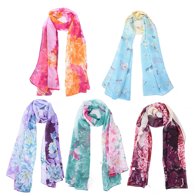 Women Fashion Chiffon Printed Scarves Women Long Scarf Butterfly Flower