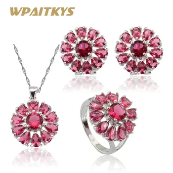 

WPAITKYS Silver Color Jewelry Sets Snowflake Light Red Stones Earrings Pendant Necklace Rings For Women Free Gift Box