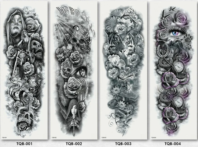 48*17 см полная рука татуировки наклейки Череп Роза товары для птиц крестиком большой цветок плечо поддельные татуировка рукав краска тела