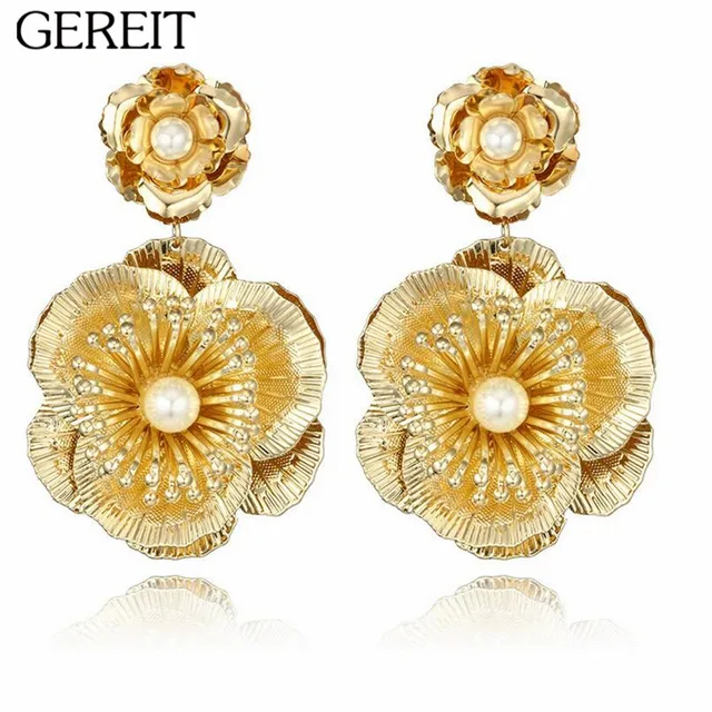 GEREIT European Luxury Gold Earrings Layers Petals Big Sequins Flower Earrings For Women Pearl Statement Earrings Indian Jewlery