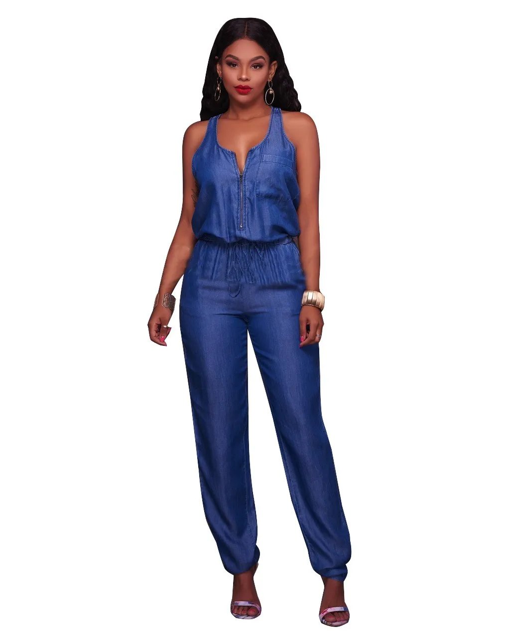 Fashion 2018 Women Casual Sleeveless Jeans Jumpsuit Solid O-Neck Denim Rompers Loose Zipper Sashes Playsuits