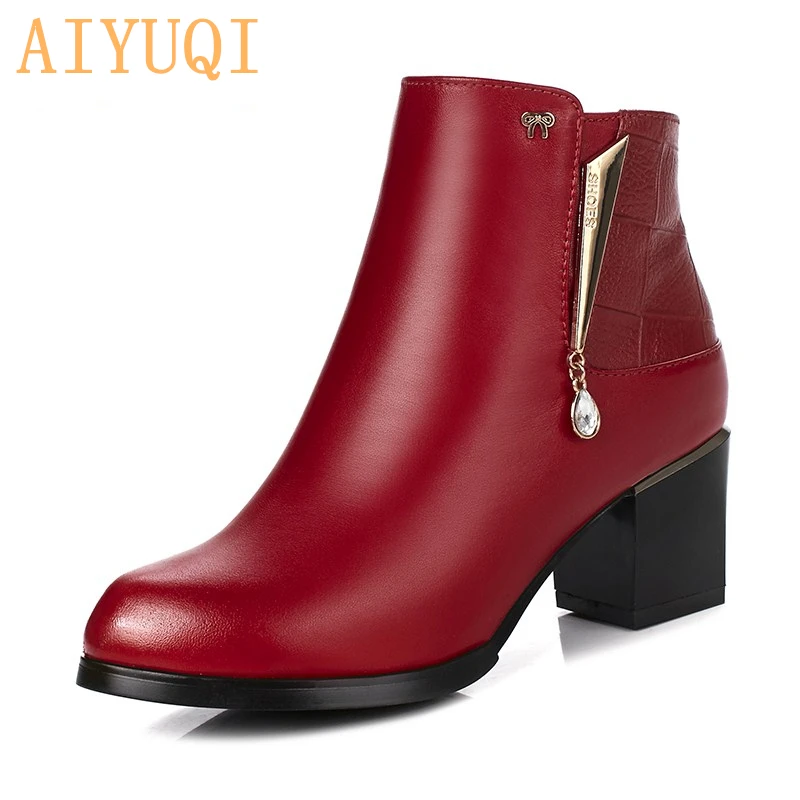 

AIYUQI 2019 new winter genuine leather women Martin boots red wedding boots women warm natural wool boots women ankle boot