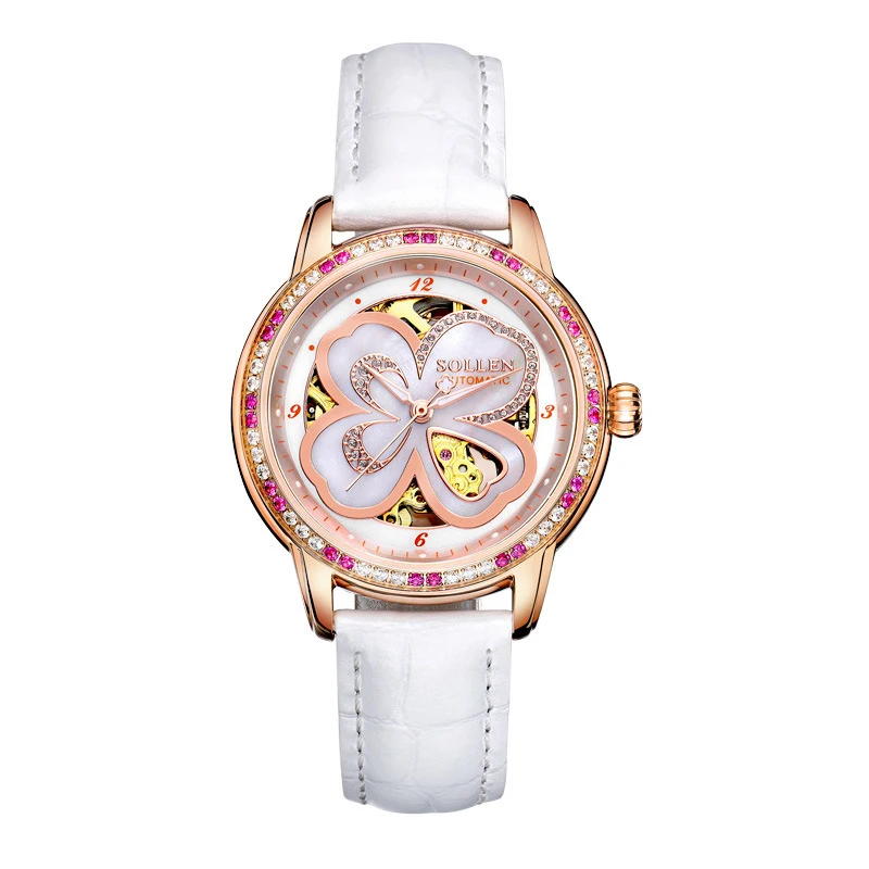 

SOLLEN SL405 watches women luxury automatic mechanical hollow skeleton Giulia good luck Clover sapphire Italian calfskin white