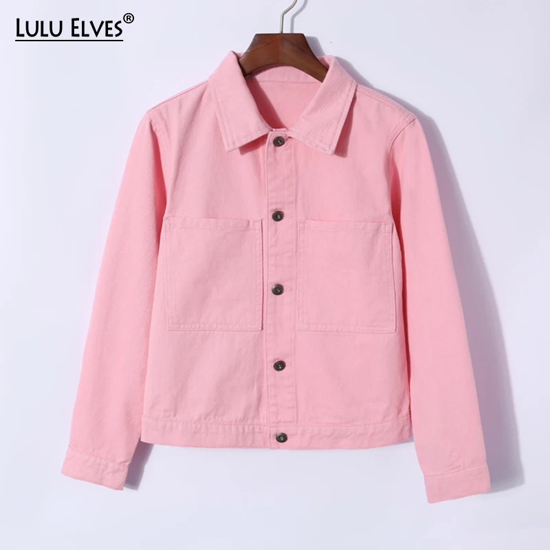 

High Quality New Spring Autumn Denim Jacket Women Short Jeans Overcoat Female Turn Down Collar Colored Cotton Denim Coat Tops