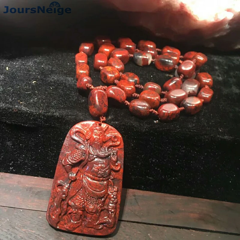 

Fine Guilin Chicken Blood Natural Stone Necklace Guan Yu Pendant for Women Men Hand Made Beads Sweater Chain Necklace Jewelry