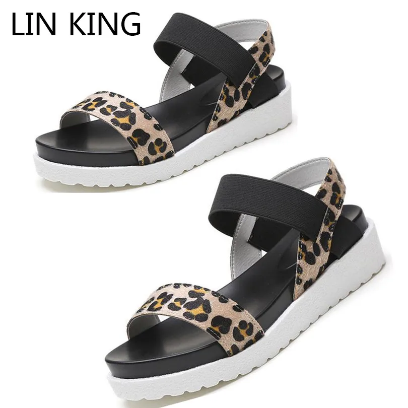 

LIN KING Leopard Women Sandals Elastic Band Summer Wedges Shoes Ladies Thick Sole Platform Sandals Female Elevator Sandalias