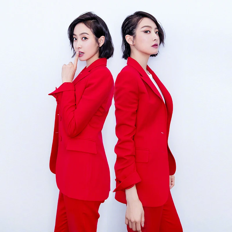 Women's Office Lady Two Pieces Sets Solid Red Elegant Single Breasted Turn-down Collar Blazers And Full Length Trousers