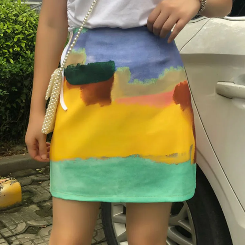 

Painting Print Mini Skirts Summer High Waist Pencil Skirt Beach Warp Skirts With Lining Design Korean Vintage Slim Fit Sexy