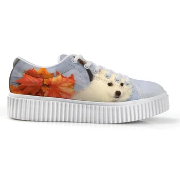 

Exclusive New American Eskimo Dog Low Top Height Increasing White Canvas Platform Shoes Print Flats Shoes Female Lace-up Stylish