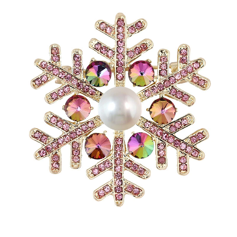 OneckOha Pink Rhinestone Snowflake Brooch Pin Christmas Jewelry Winter