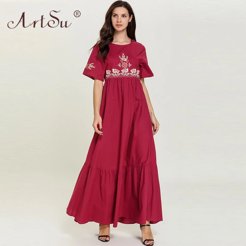 

ArtSu Plus Size Dress 4XL Women Short Sleeve Summer Floral Embroidery Maxi Dress Yellow Red A-Line Pleated Vintage Robe Femme