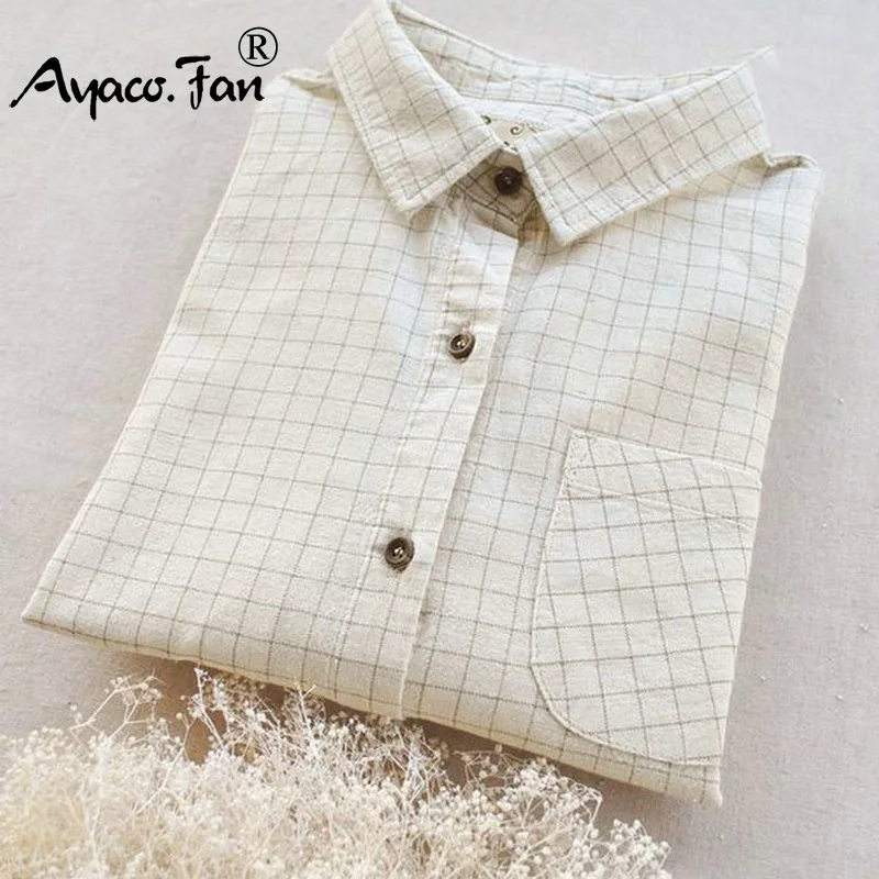 

Brand New Korean Style 2019 Women Shirts Long Sleeve Turn-down Collar Shirts Printing and Dyeing Women Casual Cotton Plaid Shirt