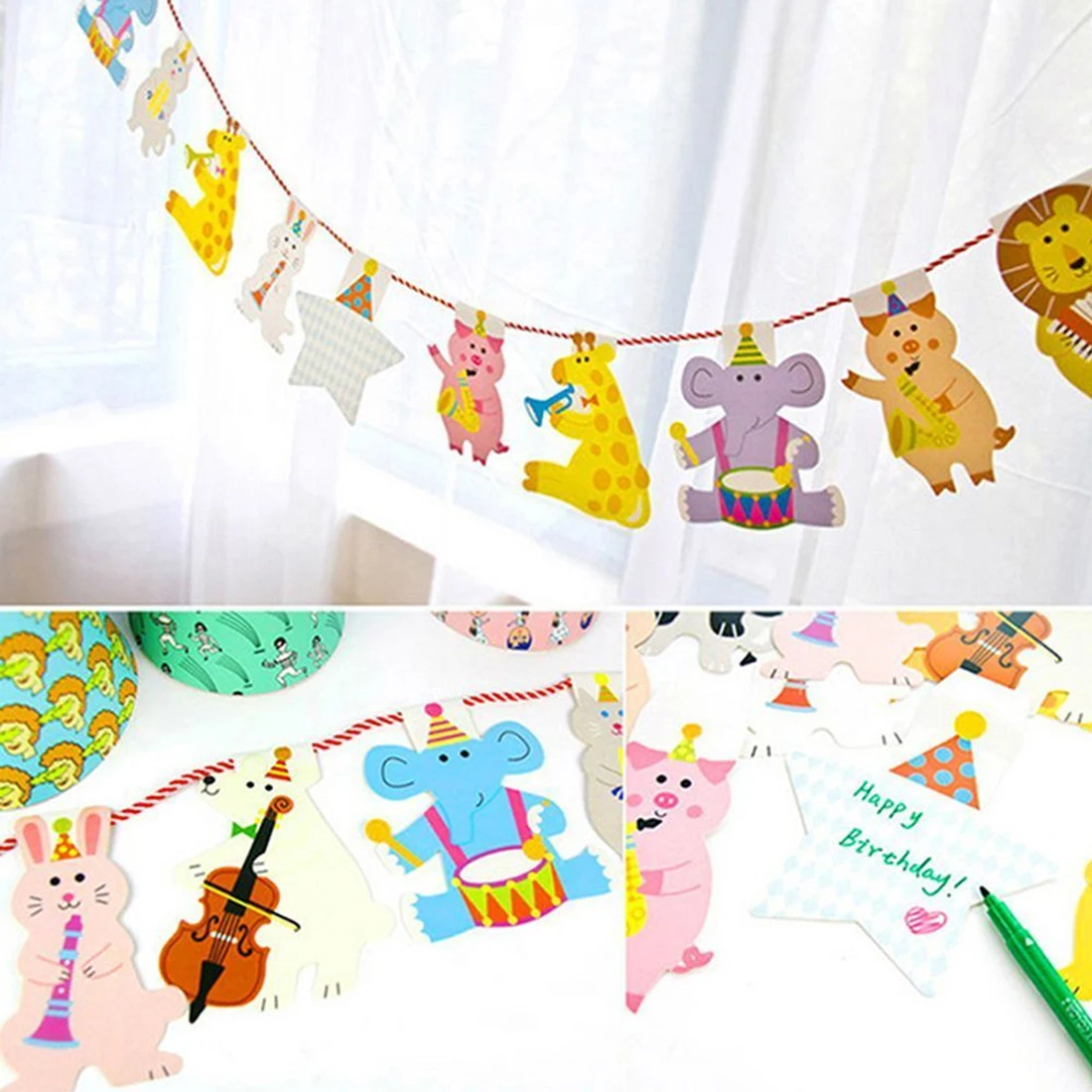 

Happy Family Baby Shower Cartoon Animal Garland Striped Paper Flags Banner Decor Birthday Party Supplies For kids 15Pcs/Pack 2M